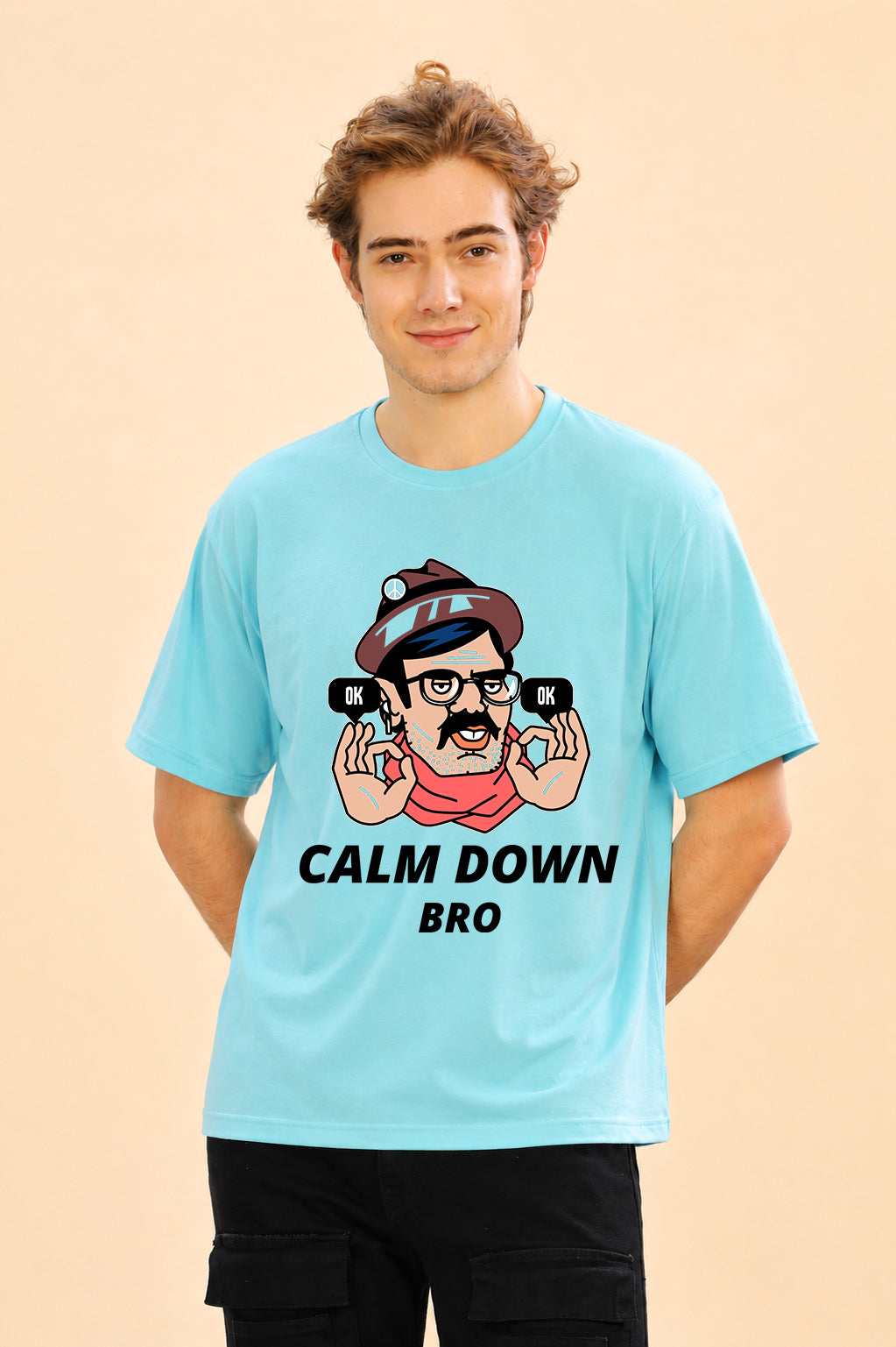 Faltu.co Calm Down Bro Men’s Printed Oversized Baggy Fit Rich Soft Cotton Fabric T-shirt
