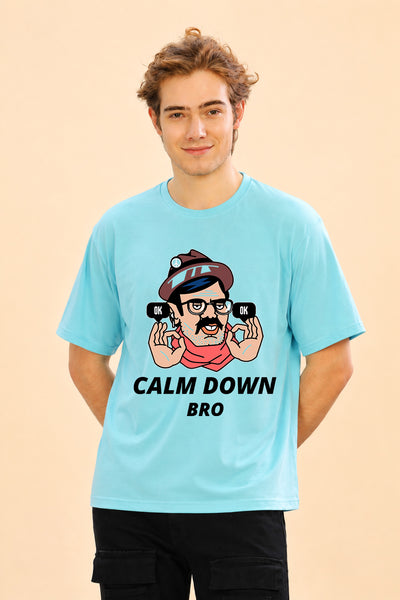 Faltu.co Calm Down Bro Men’s Printed Oversized Baggy Fit Rich Soft Cotton Fabric T-shirt