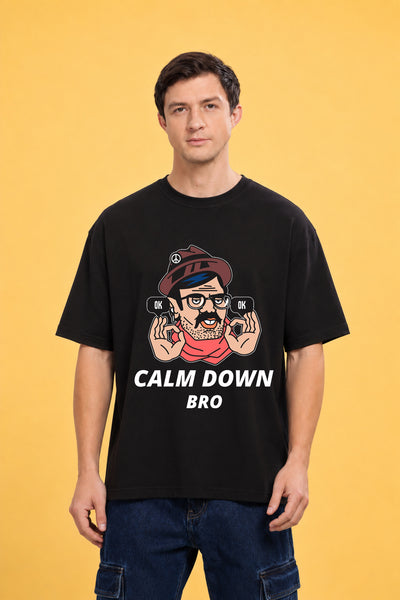 Faltu.co Calm Down Bro Men’s Printed Oversized Baggy Fit Rich Soft Cotton Fabric T-shirt