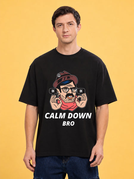 Faltu.co Calm Down Bro Men’s Printed Oversized Baggy Fit Rich Soft Cotton Fabric T-shirt