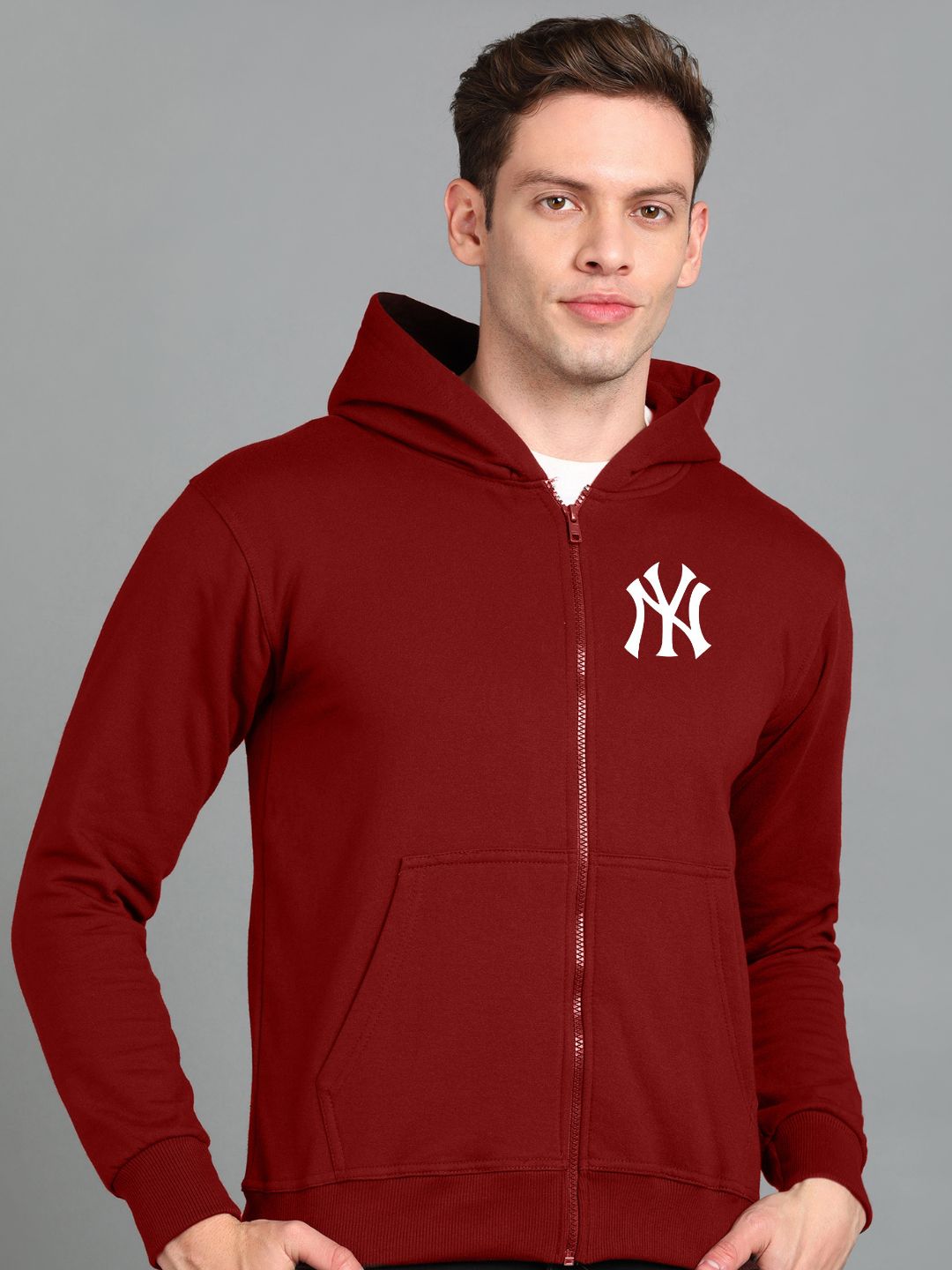 Nyc Printed Men Winter Full Sleeve Zipper Hooded Hoodie with 2 Kangaroo Pockets