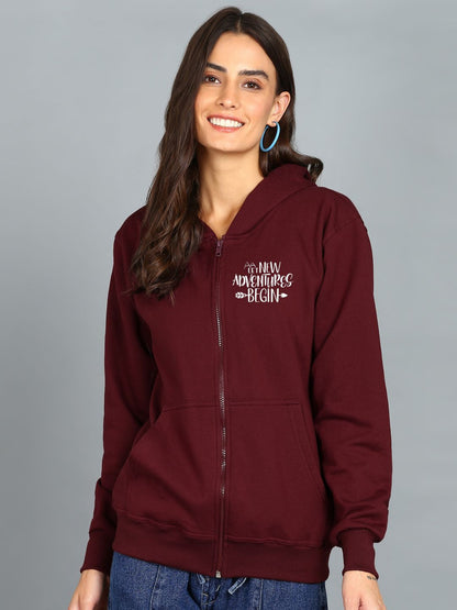 New Adventure Begin Printed Women's Cotton Full Zipper Sweatshirt Hoodies with Kangaroo Pocket Winter Wear Hooded Neck Sweatshirt
