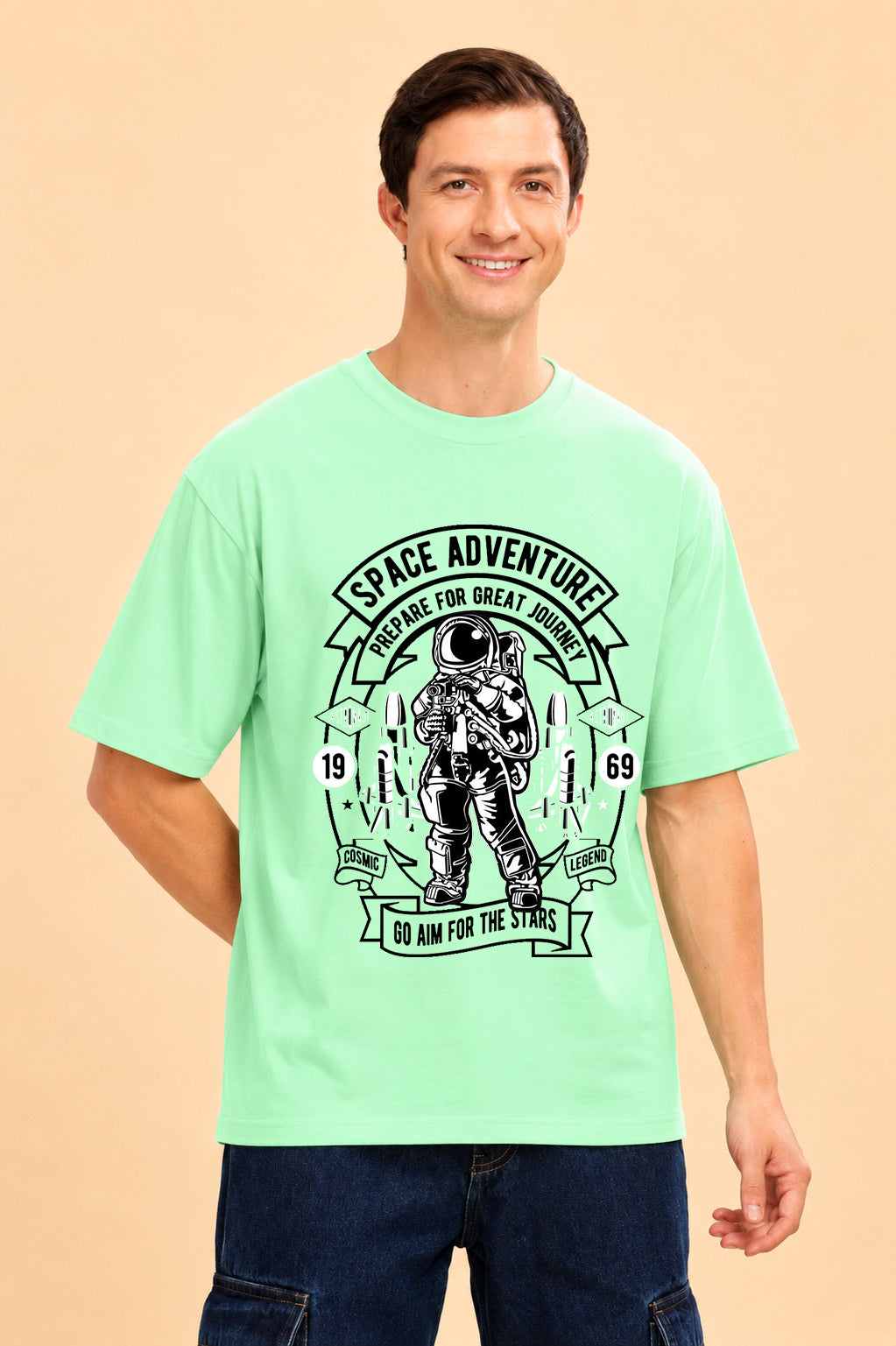 Faltu.co Space Adventure Men’s Printed Oversized Baggy Fit Rich Soft Cotton Fabric T-shirt