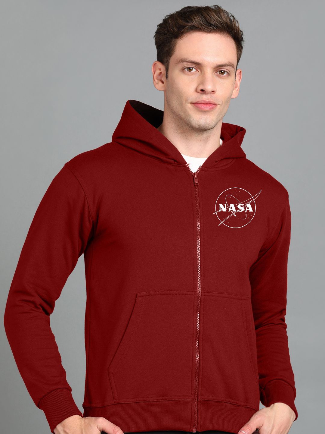 Nasa Printed Men Winter Full Sleeve Zipper Hooded Hoodie with 2 Kangaroo Pockets