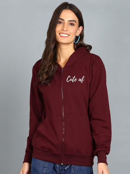 Cute Af Printed Women's Cotton Full Zipper Sweatshirt Hoodies with Kangaroo Pocket Winter Wear Hooded Neck Sweatshirt