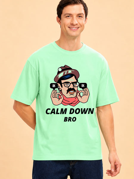 Faltu.co Calm Down Bro Men’s Printed Oversized Baggy Fit Rich Soft Cotton Fabric T-shirt