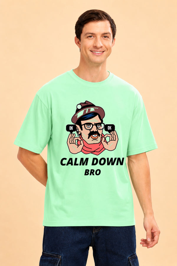 Faltu.co Calm Down Bro Men’s Printed Oversized Baggy Fit Rich Soft Cotton Fabric T-shirt