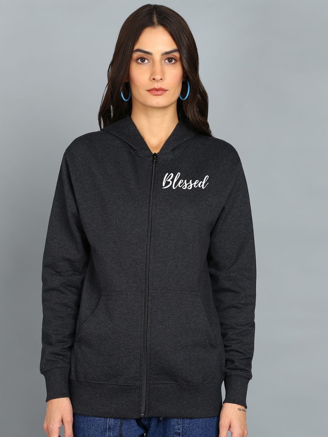Blessed Printed Women's Cotton Full Zipper Sweatshirt Hoodies with Kangaroo Pocket Winter Wear Hooded Neck Sweatshirt