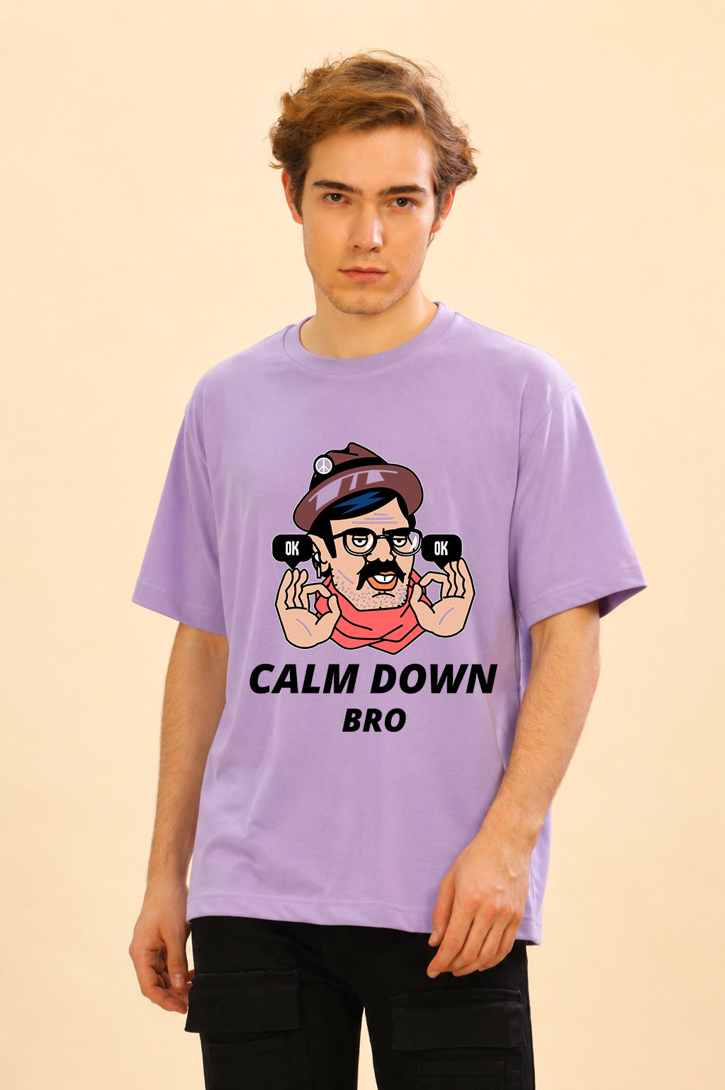 Faltu.co Calm Down Bro Men’s Printed Oversized Baggy Fit Rich Soft Cotton Fabric T-shirt