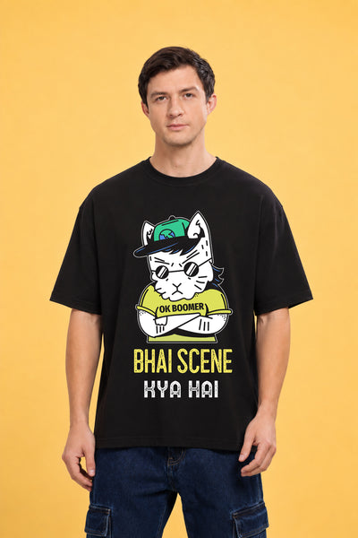 Faltu.co Bhai Scene Kya Hai Men’s Printed Oversized Baggy Fit Rich Soft Cotton Fabric T-shirt