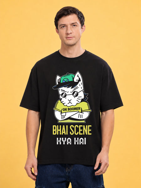 Faltu.co Bhai Scene Kya Hai Men’s Printed Oversized Baggy Fit Rich Soft Cotton Fabric T-shirt