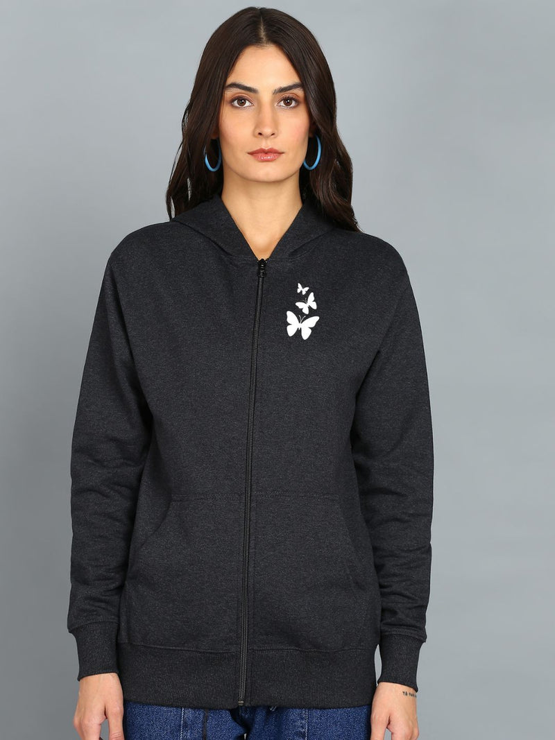 Butterfly Printed Women's Cotton Full Zipper Sweatshirt Hoodies with Kangaroo Pocket Winter Wear Hooded Neck Sweatshirt