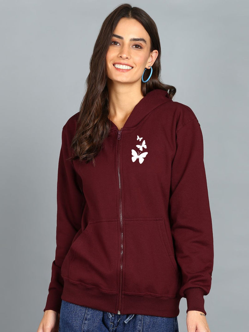 Butterfly Printed Women's Cotton Full Zipper Sweatshirt Hoodies with Kangaroo Pocket Winter Wear Hooded Neck Sweatshirt