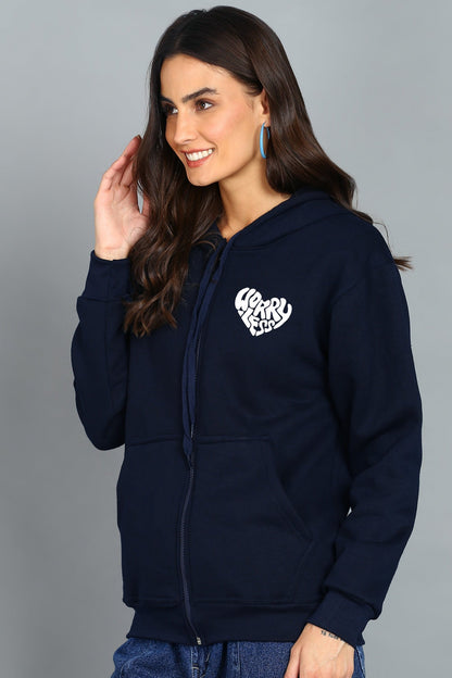 Worry Less Printed Zipper Hooded Hoodie for Women