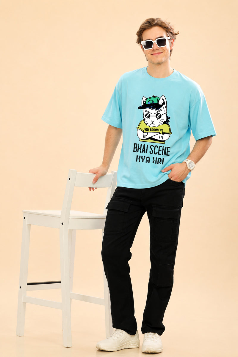 Faltu.co Bhai Scene Kya Hai Men’s Printed Oversized Baggy Fit Rich Soft Cotton Fabric T-shirt