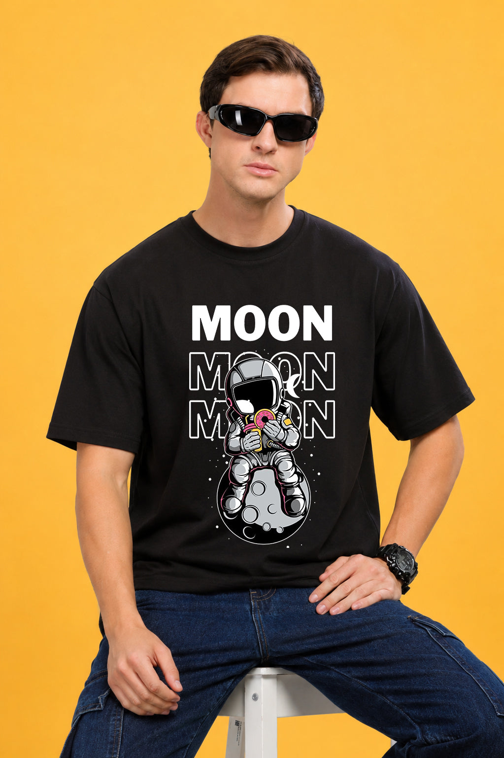 Faltu.co Moon 2 Men’s Printed Oversized Baggy Fit Rich Soft Cotton Fabric T-shirt