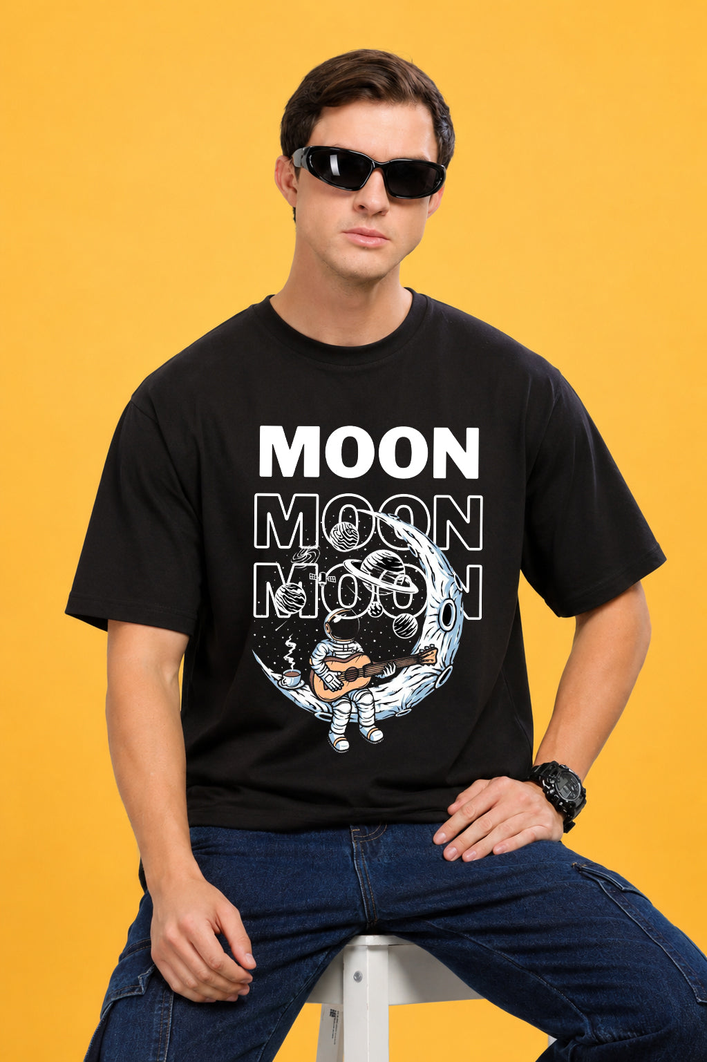 Faltu.co Moon 3 Men’s Printed Oversized Baggy Fit Rich Soft Cotton Fabric T-shirt