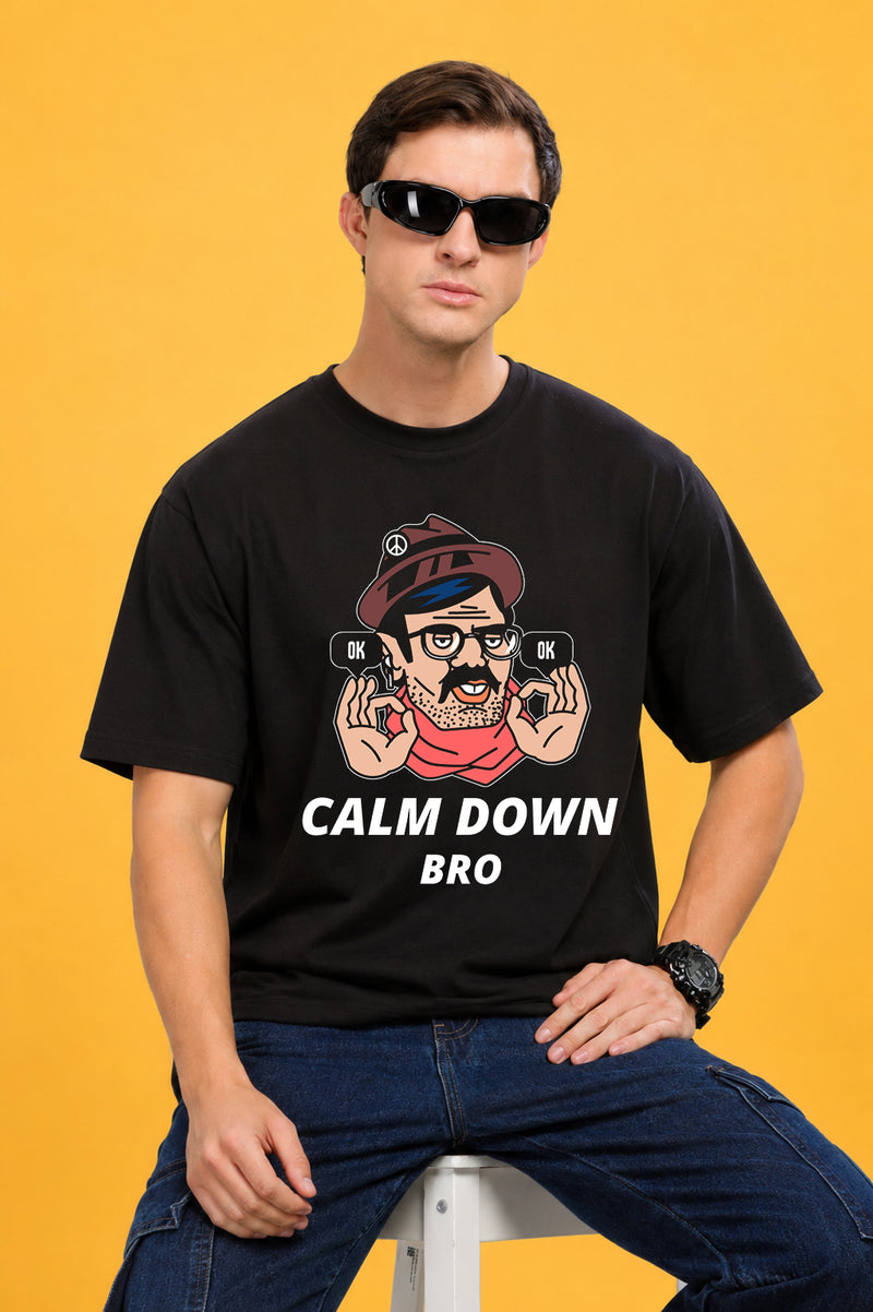 Faltu.co Calm Down Bro Men’s Printed Oversized Baggy Fit Rich Soft Cotton Fabric T-shirt