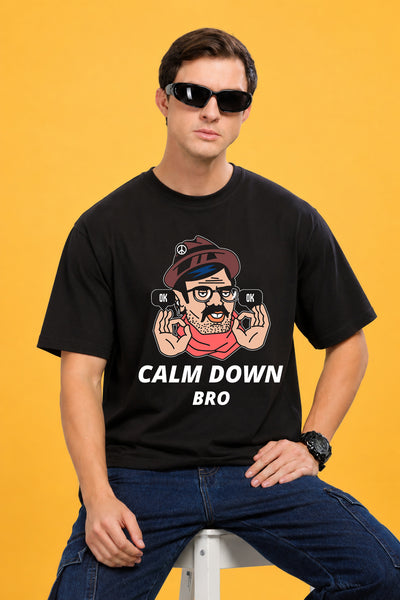 Faltu.co Calm Down Bro Men’s Printed Oversized Baggy Fit Rich Soft Cotton Fabric T-shirt