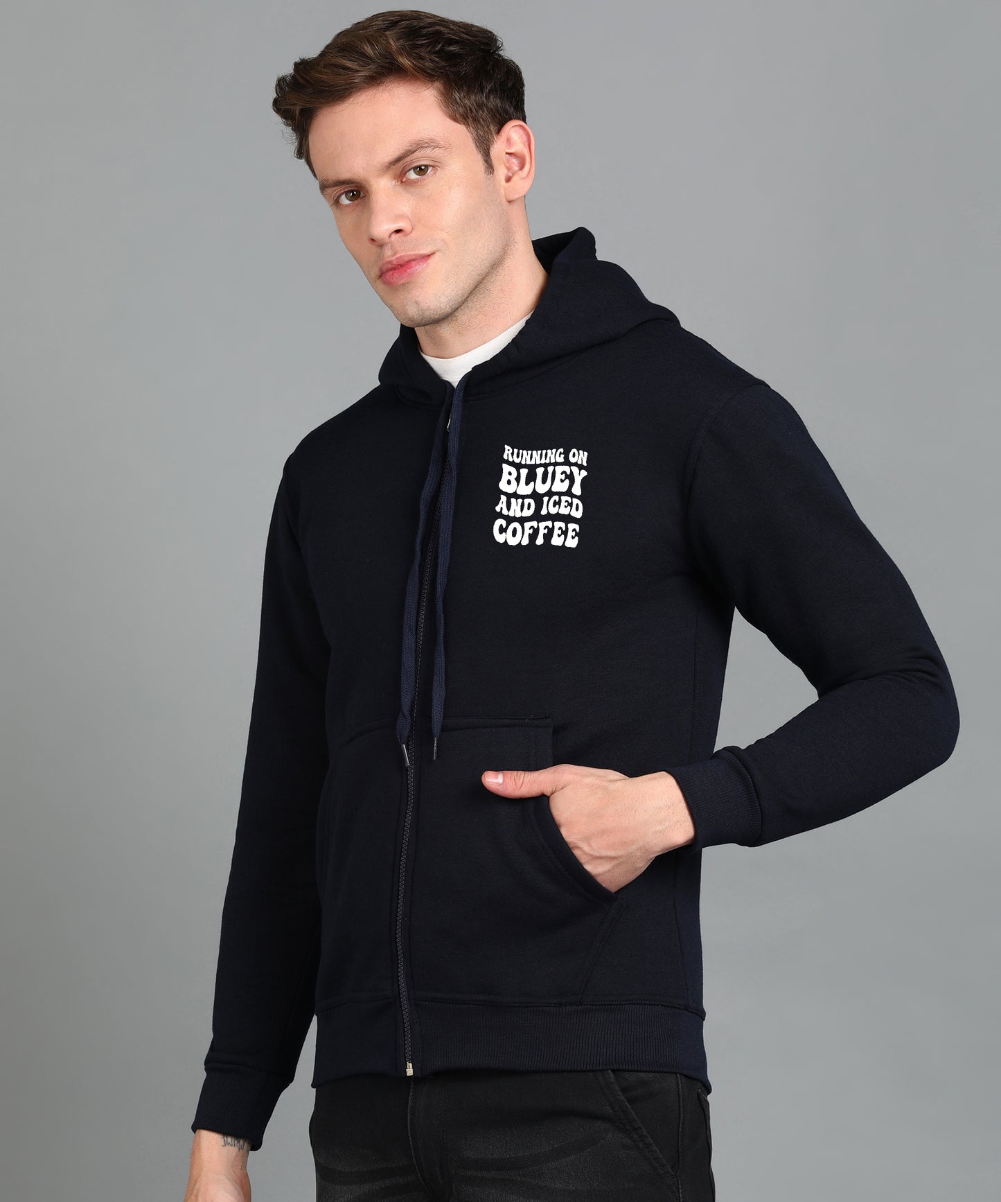 Running on Bluey and Iced Coffee Men’s Zipper Hoodie | Stylish & Cozy