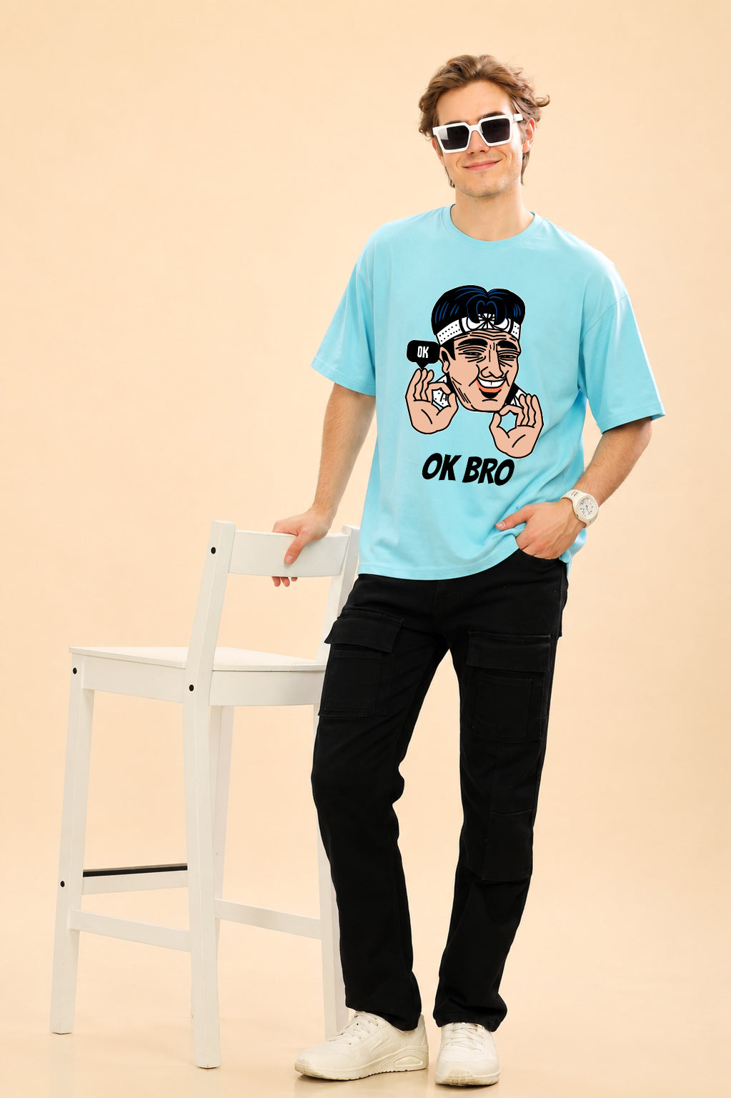 Faltu.co Ok Bro Men’s Printed Oversized Baggy Fit Rich Soft Cotton Fabric T-shirt