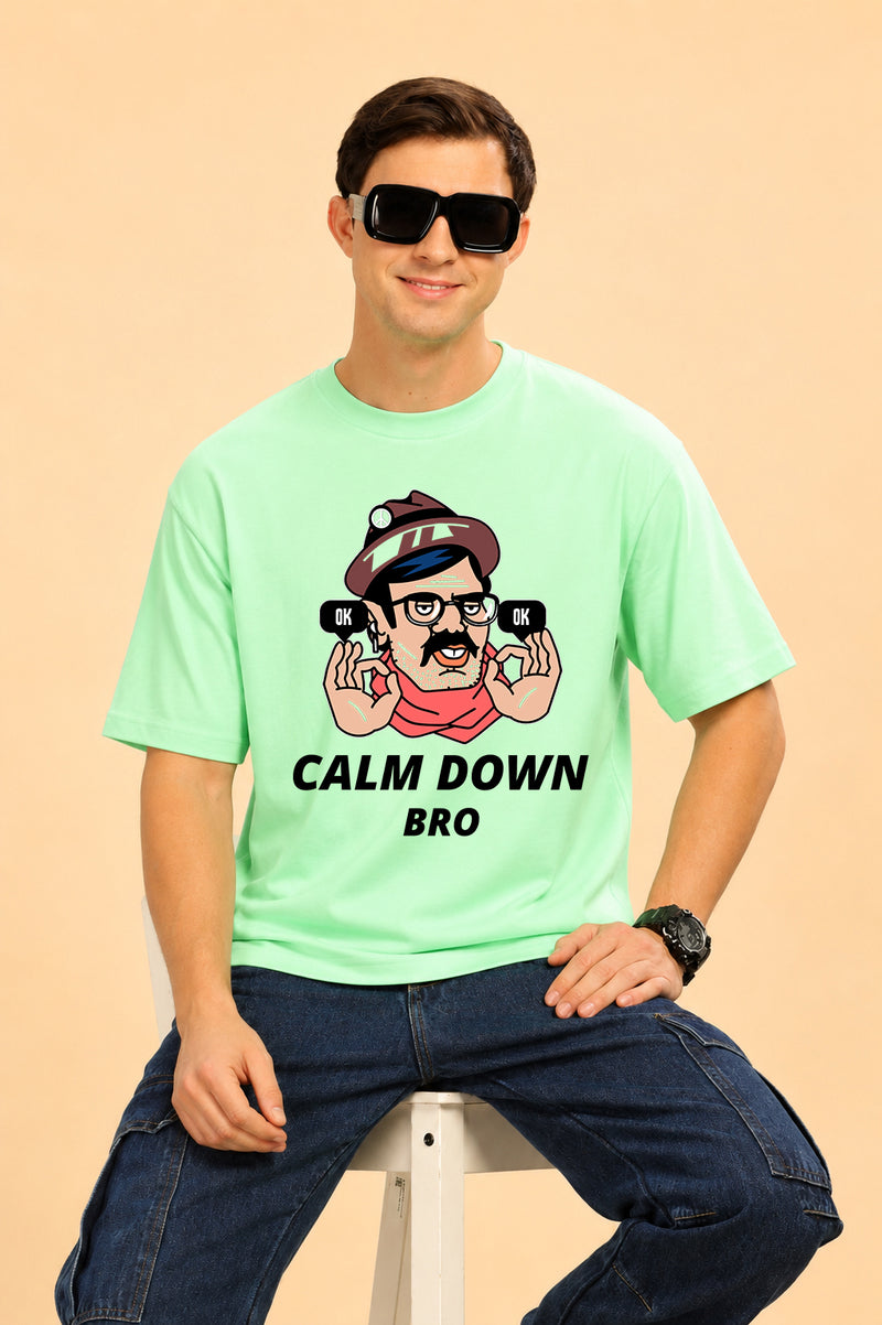 Faltu.co Calm Down Bro Men’s Printed Oversized Baggy Fit Rich Soft Cotton Fabric T-shirt