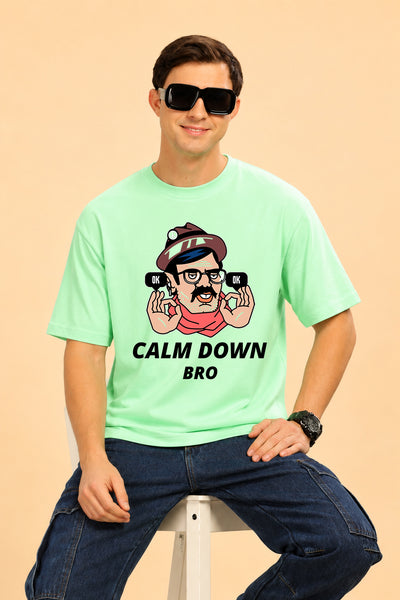 Faltu.co Calm Down Bro Men’s Printed Oversized Baggy Fit Rich Soft Cotton Fabric T-shirt