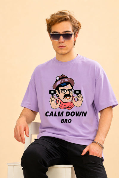 Faltu.co Calm Down Bro Men’s Printed Oversized Baggy Fit Rich Soft Cotton Fabric T-shirt
