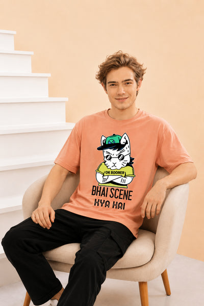 Faltu.co Bhai Scene Kya Hai Men’s Printed Oversized Baggy Fit Rich Soft Cotton Fabric T-shirt