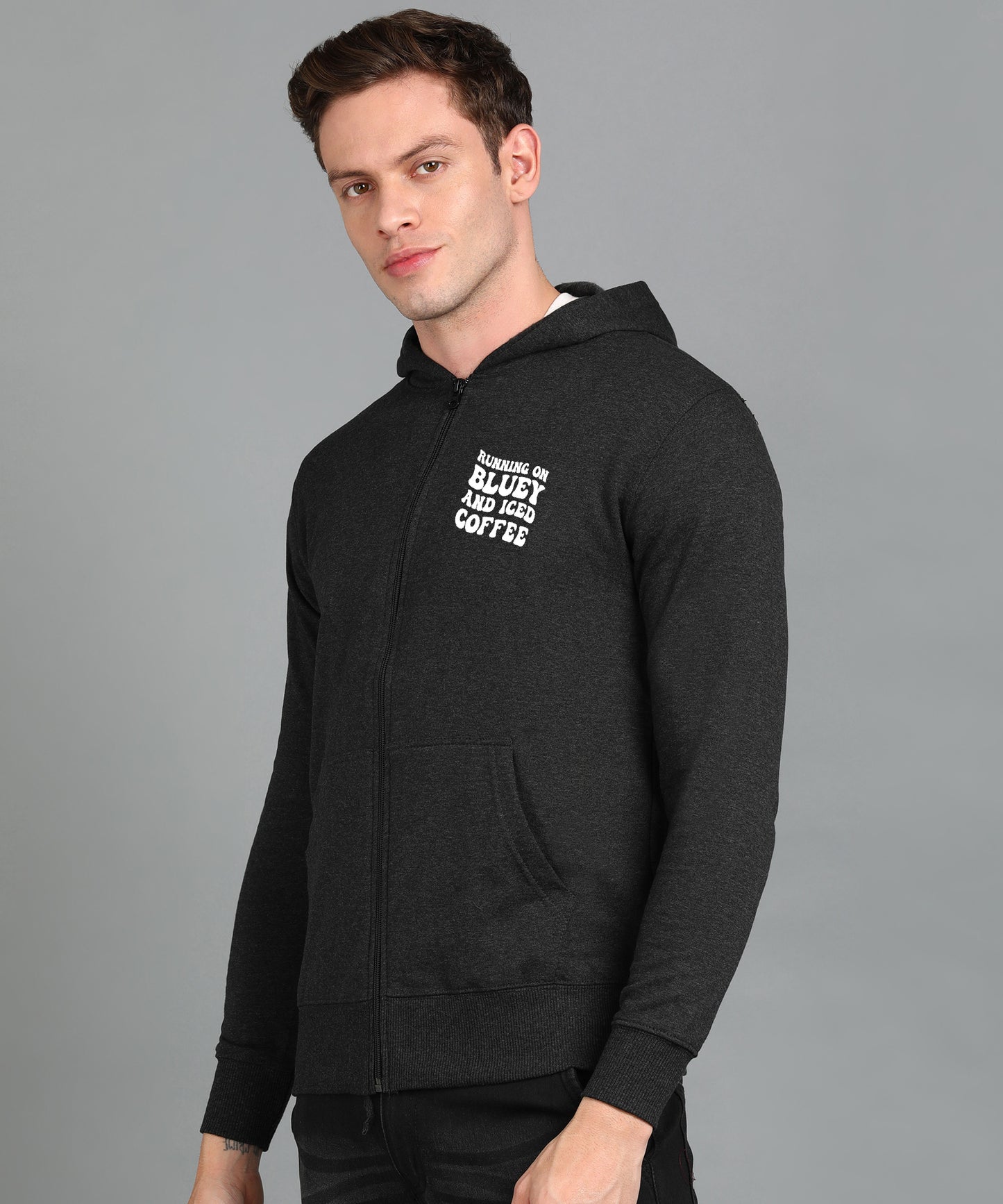 Running on Bluey and Iced Coffee Men’s Zipper Hoodie | Stylish & Cozy