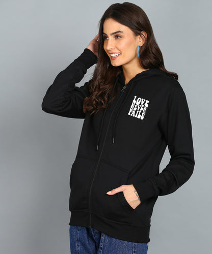 Love Never Fails Women’s Black Zipper Hoodie - Stylish & Comfortable