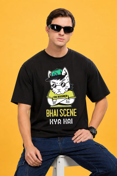 Faltu.co Bhai Scene Kya Hai Men’s Printed Oversized Baggy Fit Rich Soft Cotton Fabric T-shirt