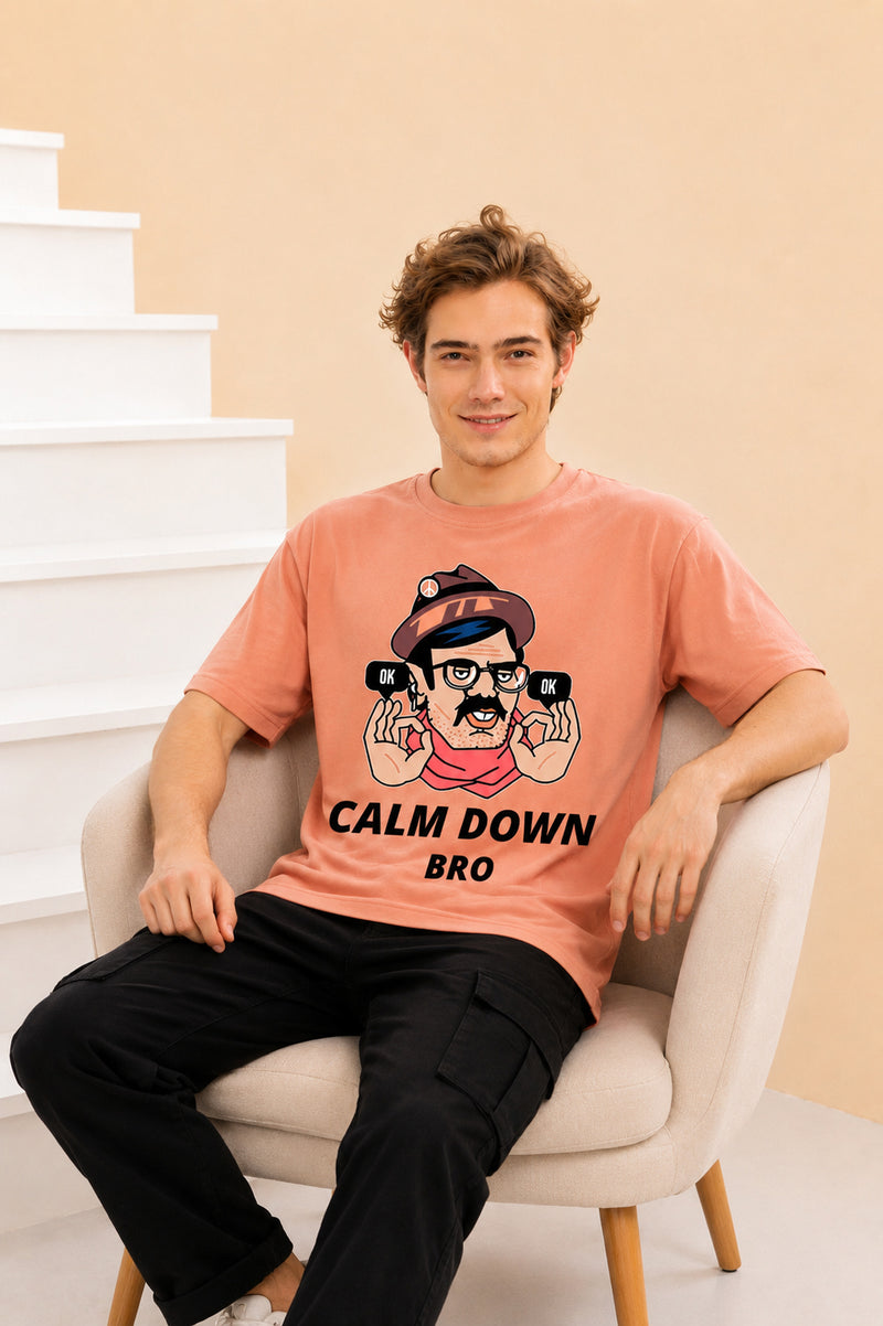 Faltu.co Calm Down Bro Men’s Printed Oversized Baggy Fit Rich Soft Cotton Fabric T-shirt