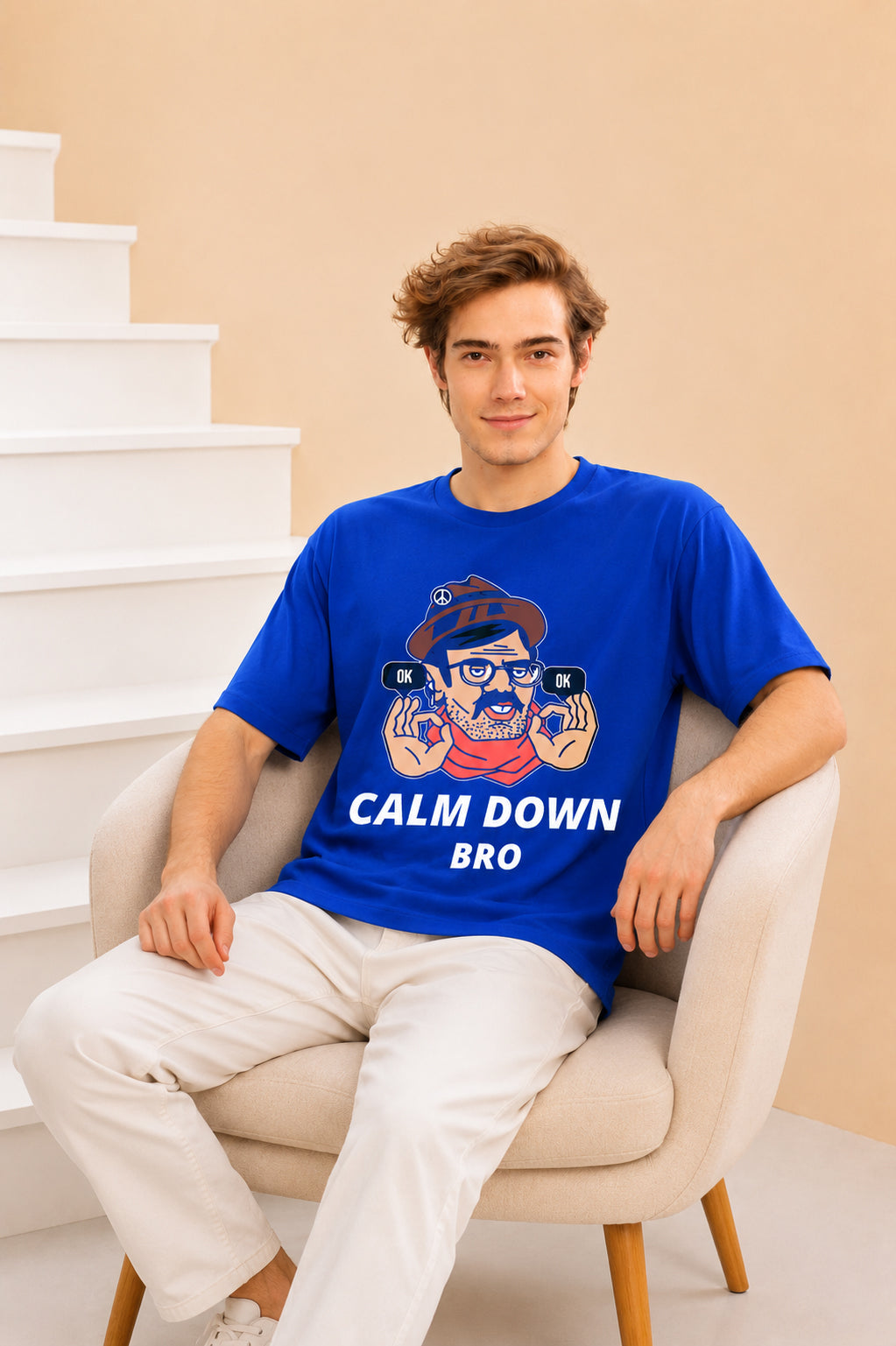 Faltu.co Calm Down Bro Men’s Printed Oversized Baggy Fit Rich Soft Cotton Fabric T-shirt