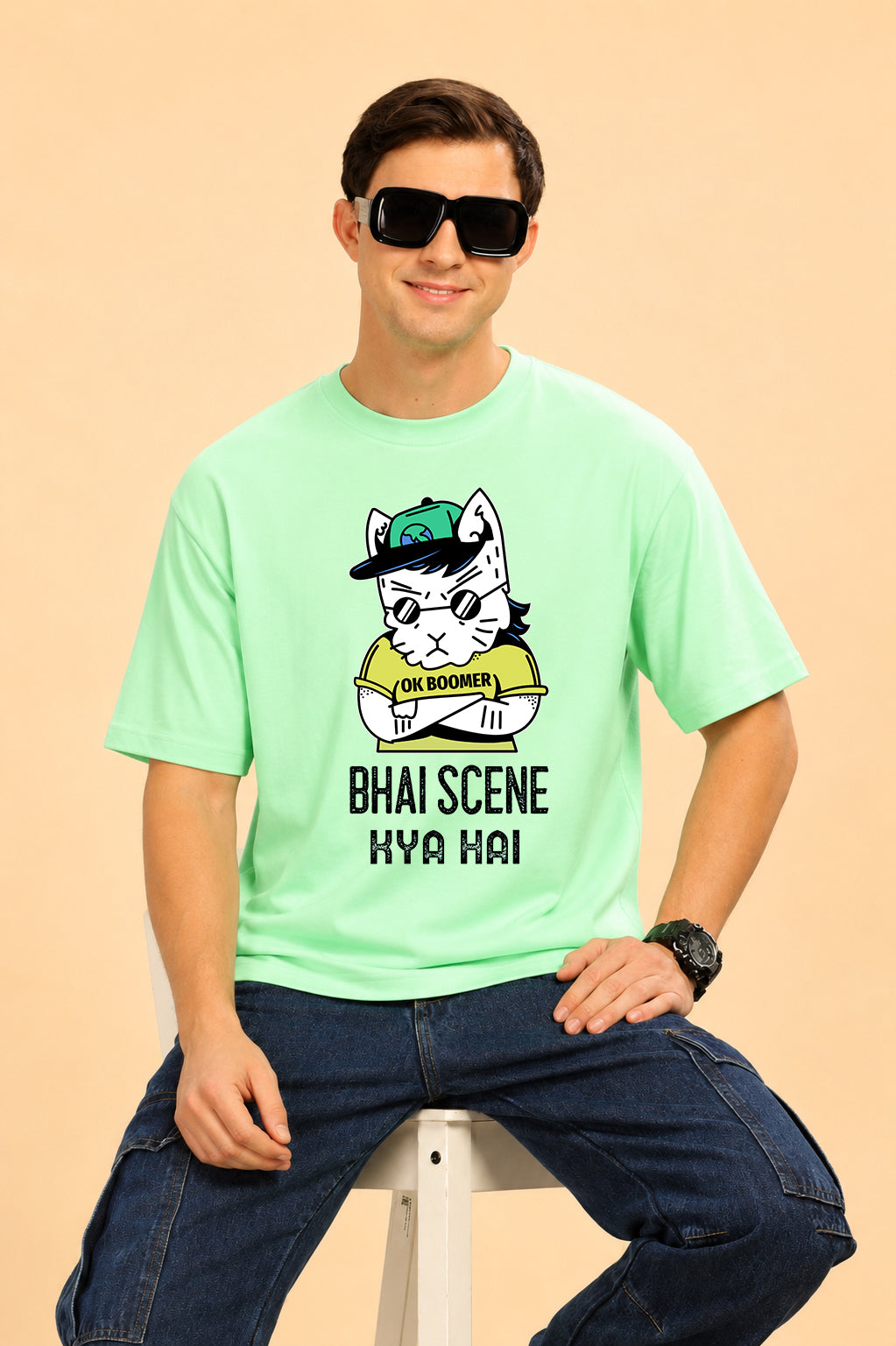Faltu.co Bhai Scene Kya Hai Men’s Printed Oversized Baggy Fit Rich Soft Cotton Fabric T-shirt