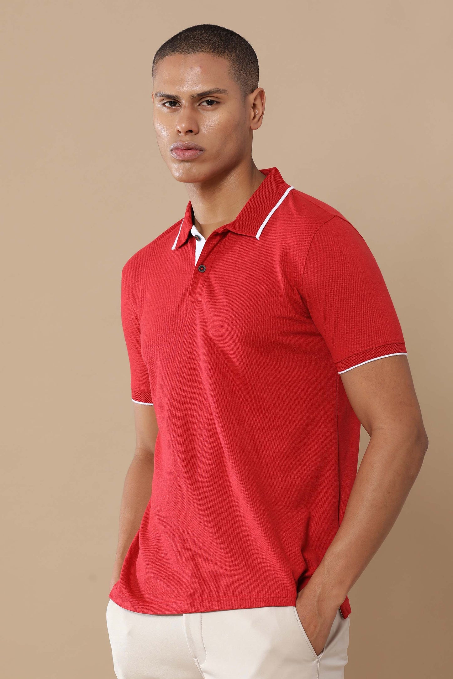 Sustainable Heather Red Men’s Premium Polo T-Shirt with White Tipping | Eco-Friendly Casual Wear