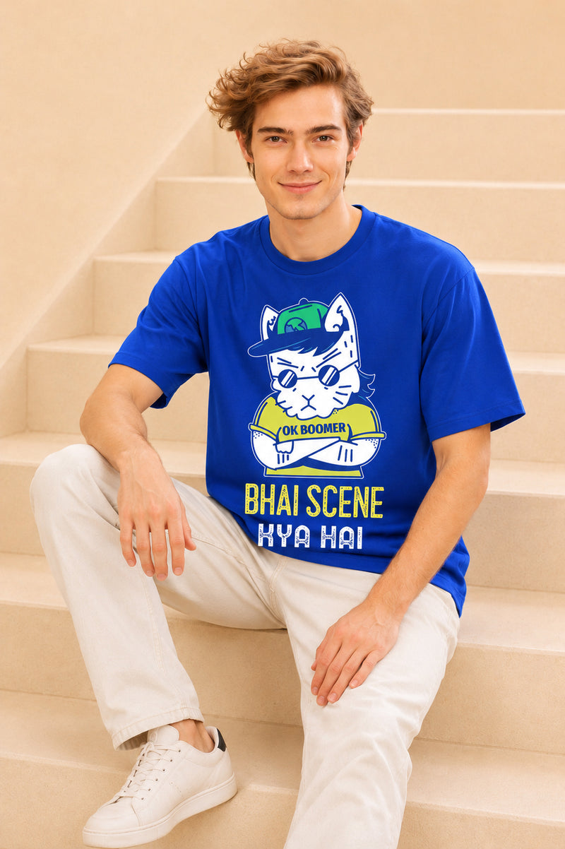 Faltu.co Bhai Scene Kya Hai Men’s Printed Oversized Baggy Fit Rich Soft Cotton Fabric T-shirt