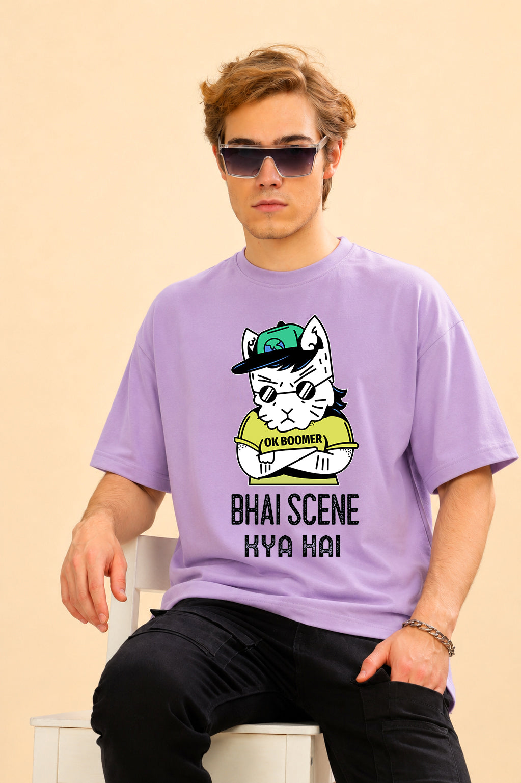 Faltu.co Bhai Scene Kya Hai Men’s Printed Oversized Baggy Fit Rich Soft Cotton Fabric T-shirt