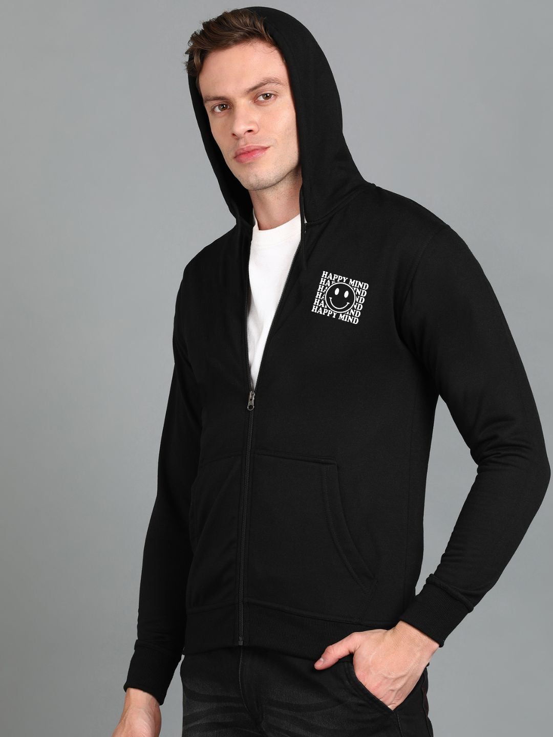 Happy Mind Printed Men Winter Full Sleeve Zipper Hooded Hoodie with 2 Kangaroo Pockets