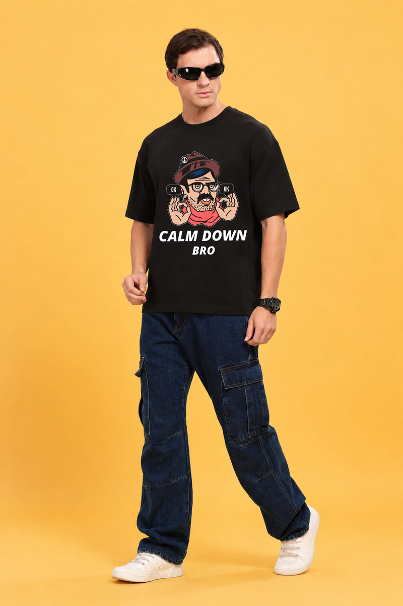 Faltu.co Calm Down Bro Men’s Printed Oversized Baggy Fit Rich Soft Cotton Fabric T-shirt