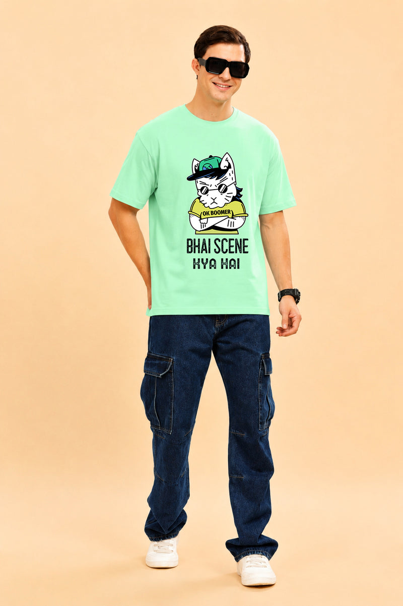Faltu.co Bhai Scene Kya Hai Men’s Printed Oversized Baggy Fit Rich Soft Cotton Fabric T-shirt