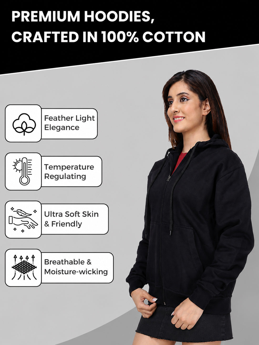 Women’s Black Zipper Hooded Hoodie Stylish & Premium Comfort