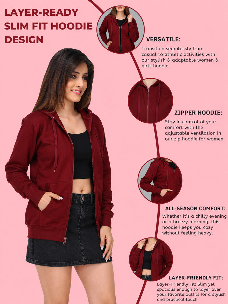 Women’s Maroon Zipper Hooded Hoodie Stylish & Premium Comfort