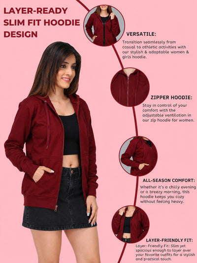 Women’s Maroon Zipper Hooded Hoodie Stylish & Premium Comfort