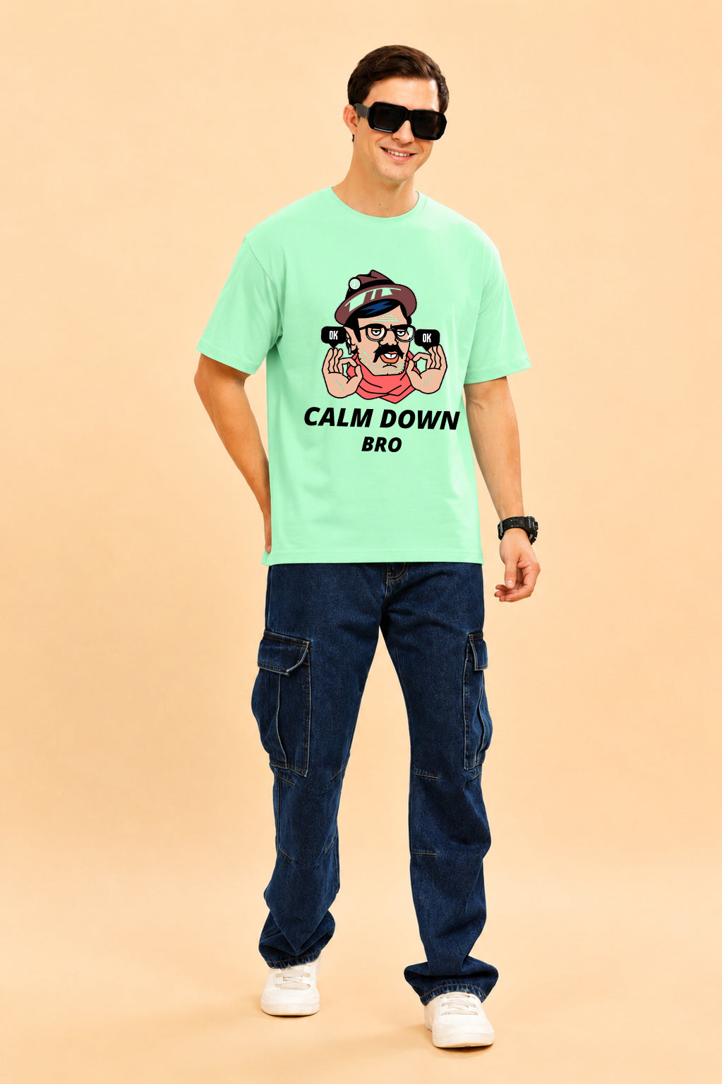 Faltu.co Calm Down Bro Men’s Printed Oversized Baggy Fit Rich Soft Cotton Fabric T-shirt
