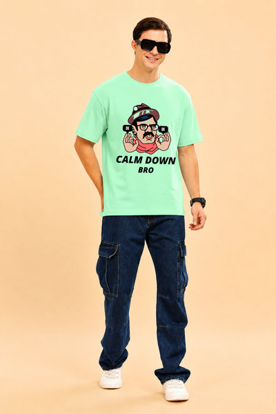 Faltu.co Calm Down Bro Men’s Printed Oversized Baggy Fit Rich Soft Cotton Fabric T-shirt