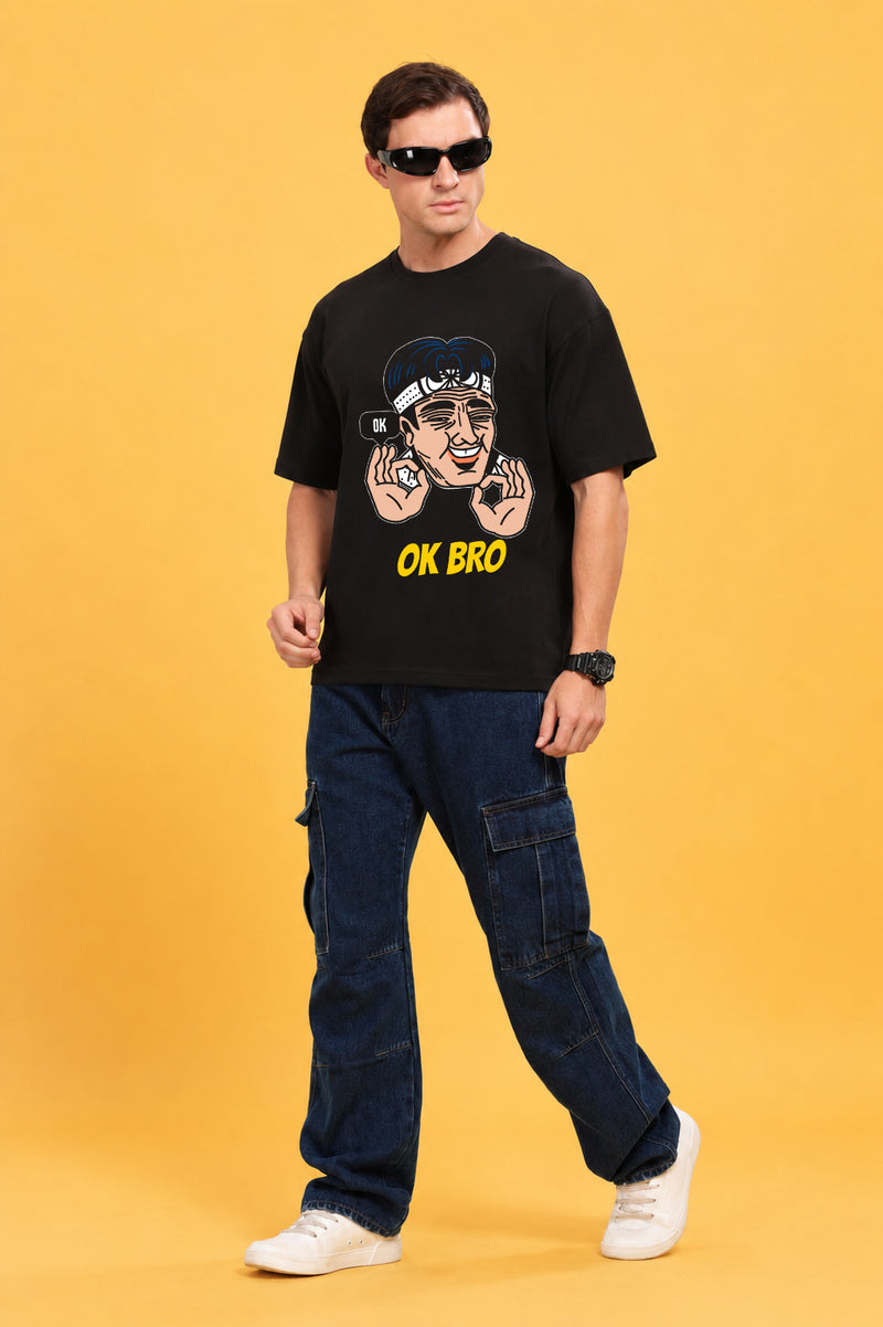 Faltu.co Ok Bro Men’s Printed Oversized Baggy Fit Rich Soft Cotton Fabric T-shirt