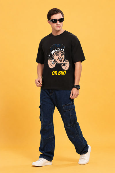 Faltu.co Ok Bro Men’s Printed Oversized Baggy Fit Rich Soft Cotton Fabric T-shirt