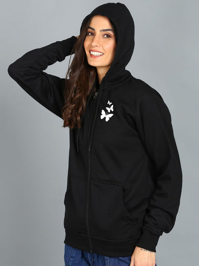 Butterfly Printed Women's Cotton Full Zipper Sweatshirt Hoodies with Kangaroo Pocket Winter Wear Hooded Neck Sweatshirt
