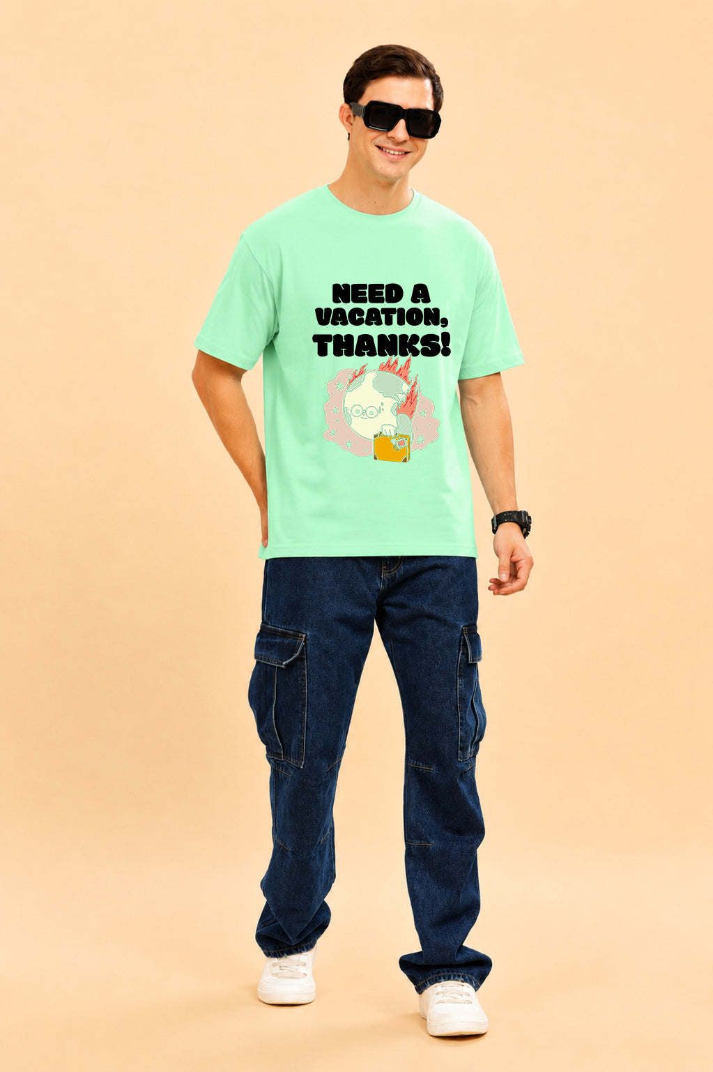 Faltu.co Need A Vacation Thanks Men’s Printed Oversized Baggy Fit Rich Soft Cotton Fabric T-shirt